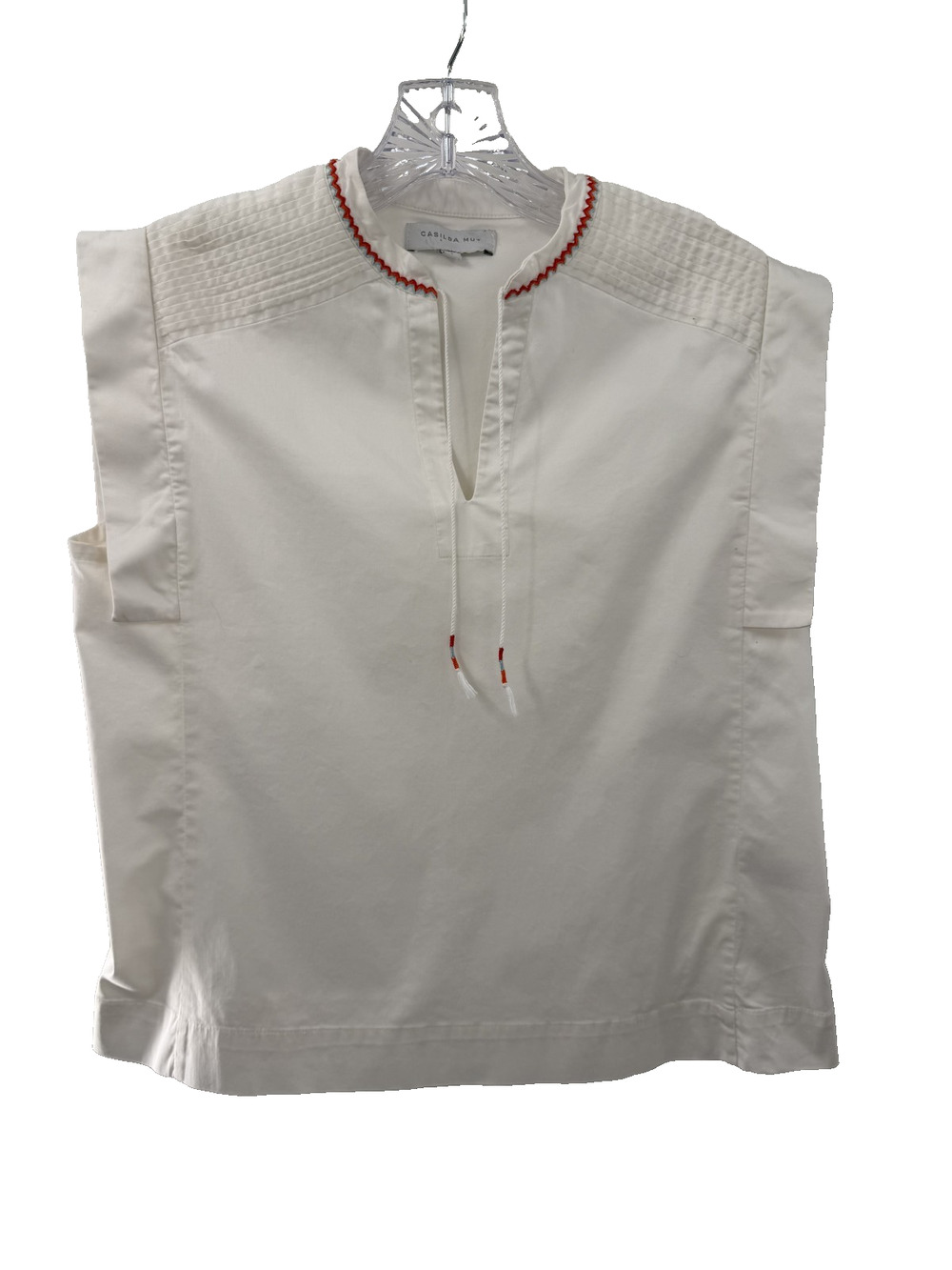 Casilda Mut Women's White Cotton V-Neck Blouse Sz Small Classic Resort Vacation